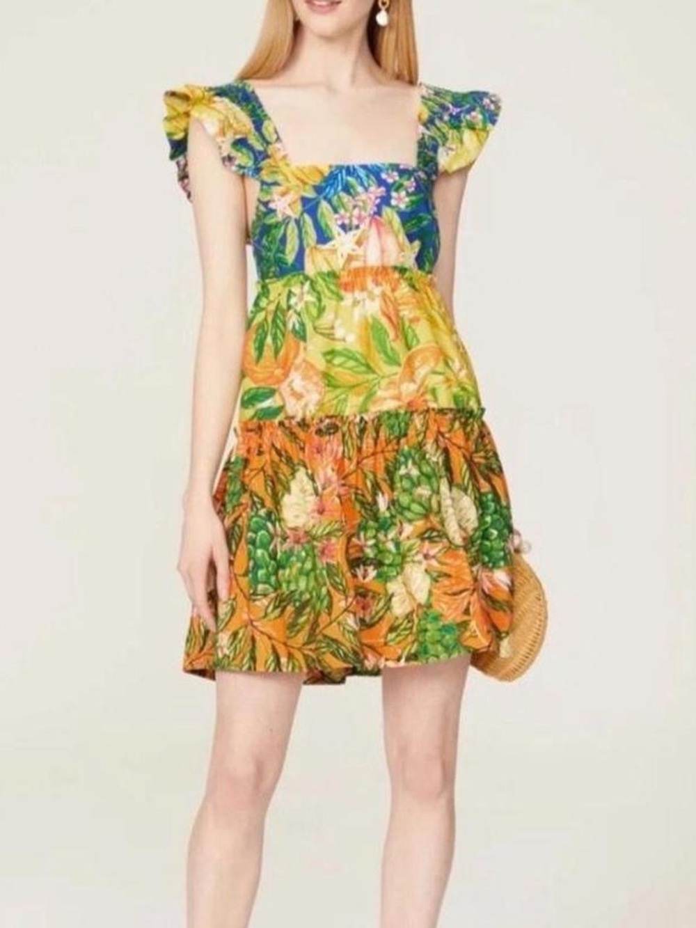 Farm Rio Floral Tiered Mini Dress - Yellow & Green